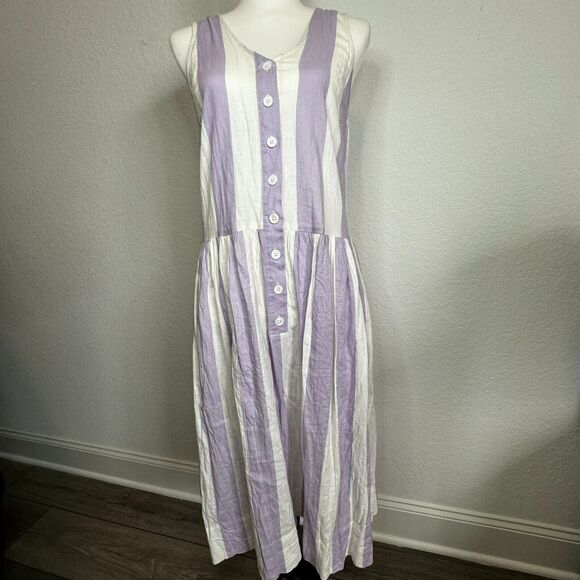 URBAN OUTFITTERS | Small Striped Midi Dress Purple Linen Button Front Pockets - Picture 2 of 9